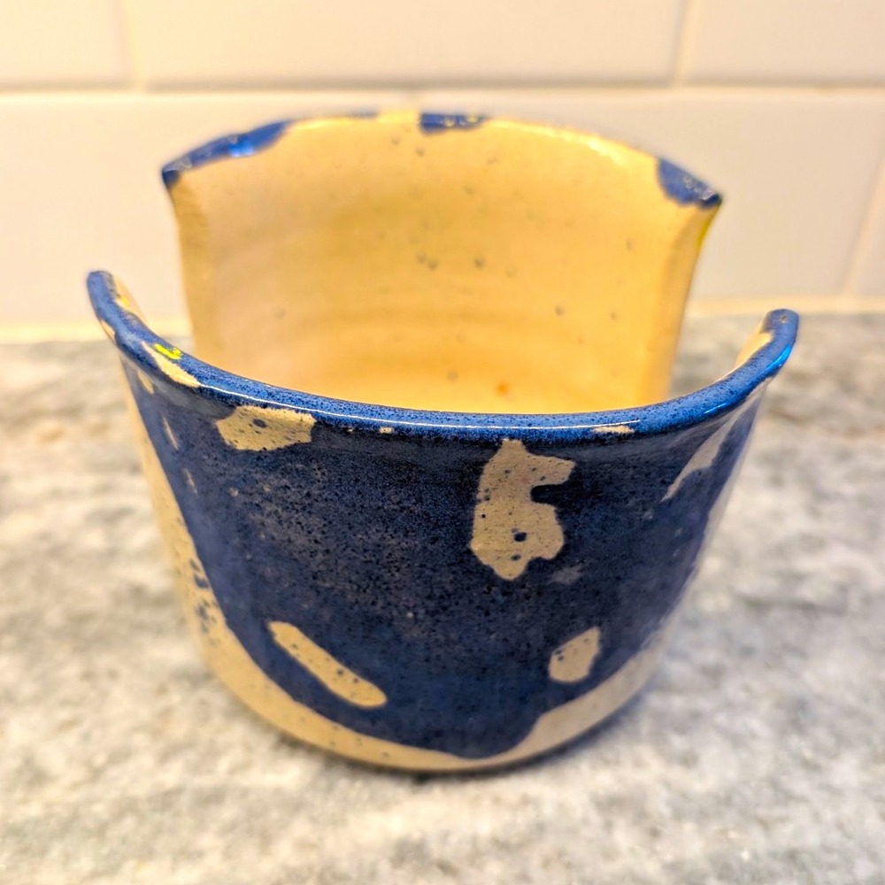 Signed Studio Pottery Blue & Cream Ceramic Sponge / Napkin Holder